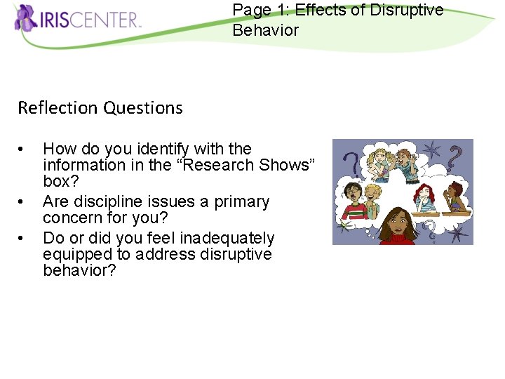 Page 1: Effects of Disruptive Behavior Reflection Questions • • • How do you