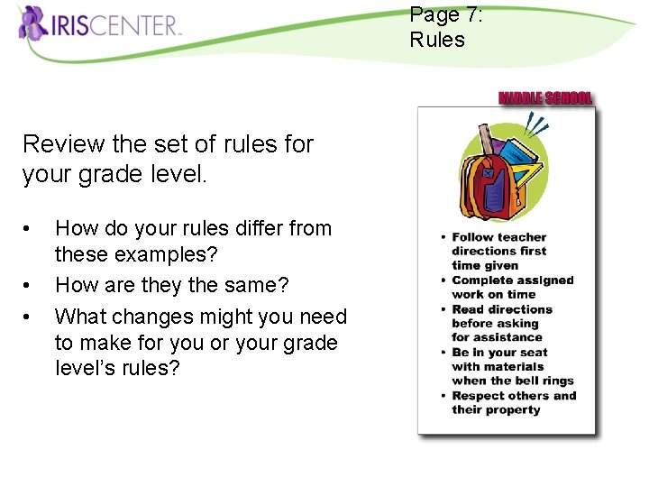 Page 7: Rules Review the set of rules for your grade level. • •