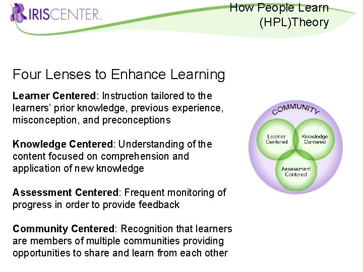 How People Learn (HPL)Theory Four Lenses to Enhance Learning Learner Centered: Instruction tailored to