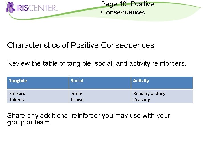 Page 10: Positive Consequences Characteristics of Positive Consequences Review the table of tangible, social,