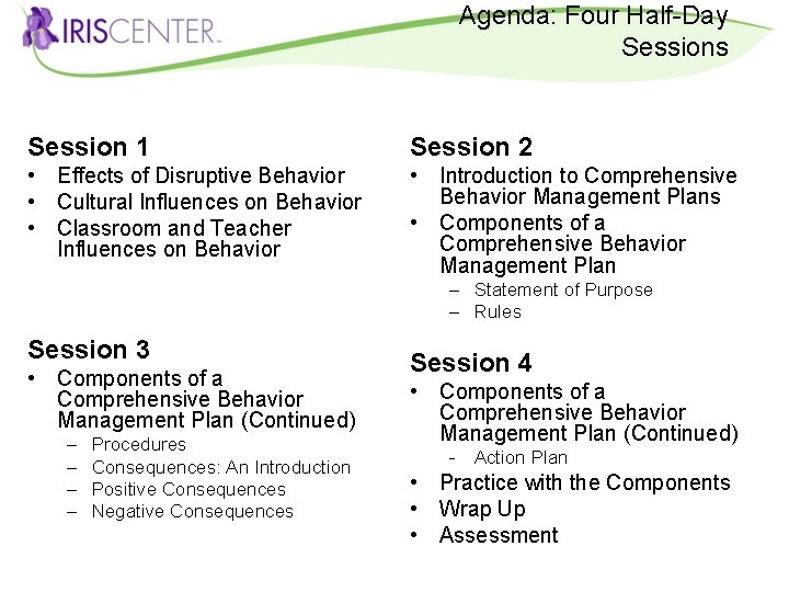 Agenda: Four Half-Day Sessions Session 1 Session 2 • Effects of Disruptive Behavior •