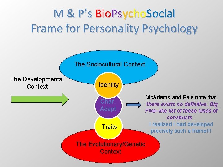 M & P’s Bio. Psycho. Social Frame for Personality Psychology The Sociocultural Context The