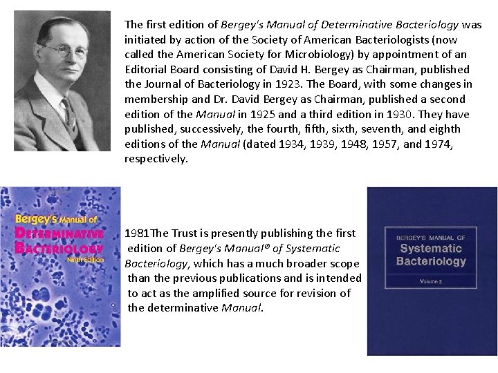 The first edition of Bergey's Manual of Determinative Bacteriology was initiated by action of The first edition of Bergey's Manual of Determinative Bacteriology was initiated by action of