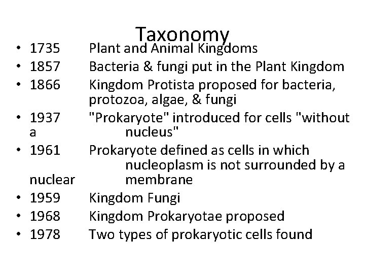 • 1735 • 1857 • 1866 Taxonomy Plant and Animal Kingdoms Bacteria & • 1735 • 1857 • 1866 Taxonomy Plant and Animal Kingdoms Bacteria &