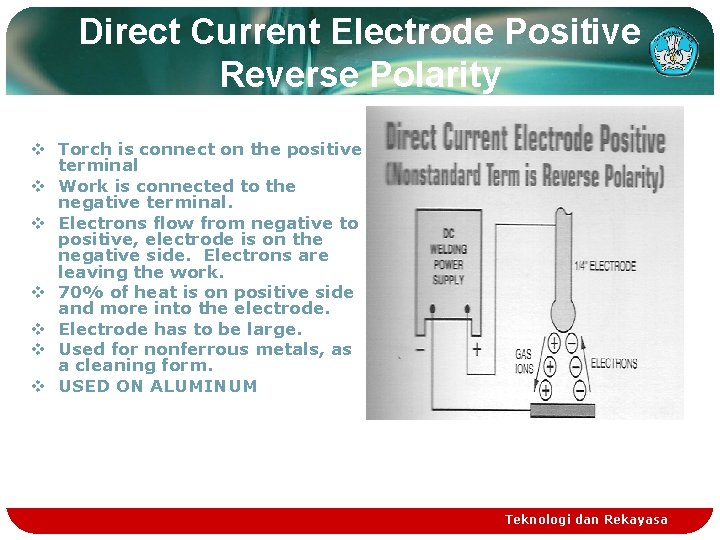 Direct Current Electrode Positive Reverse Polarity v Torch is connect on the positive terminal