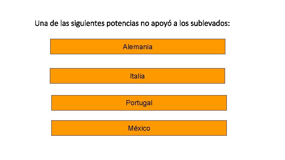 Una de las siguientes potencias no apoyó a los sublevados: Alemania Italia Portugal México