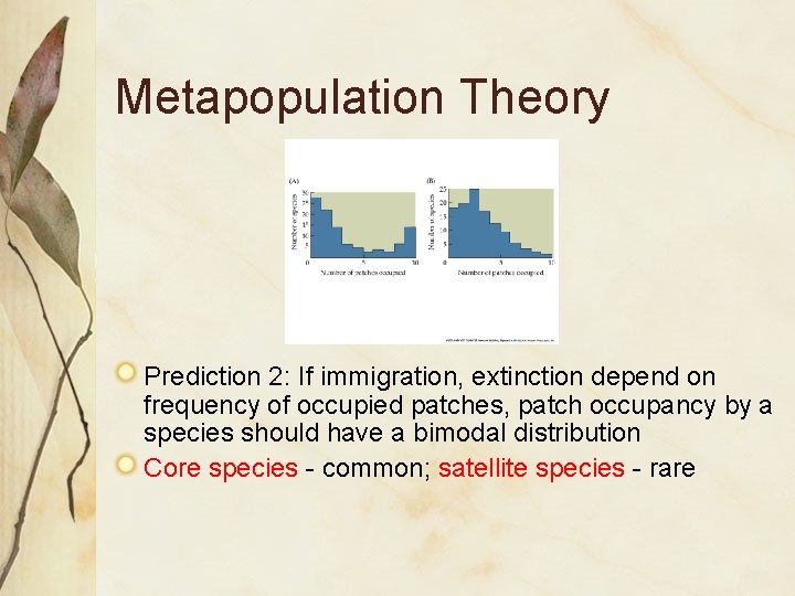 Metapopulation Theory Prediction 2: If immigration, extinction depend on frequency of occupied patches, patch