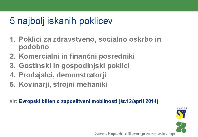 5 najbolj iskanih poklicev 1. Poklici za zdravstveno, socialno oskrbo in podobno 2. Komercialni