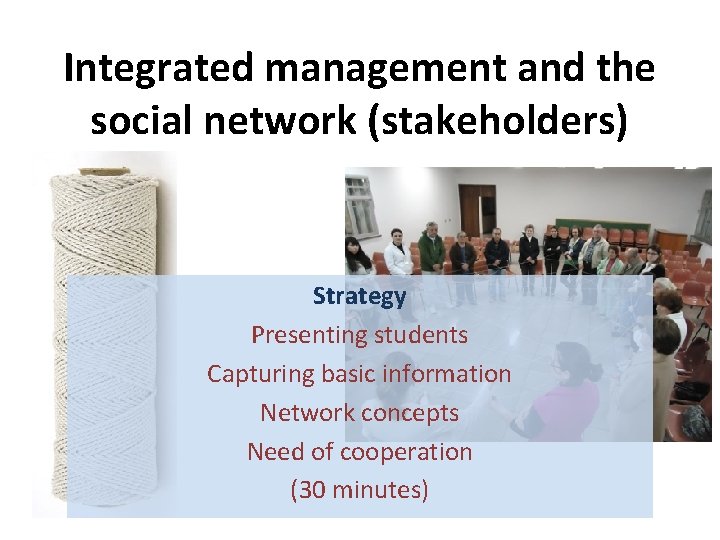 Integrated management and the social network (stakeholders) Strategy Presenting students Capturing basic information Network