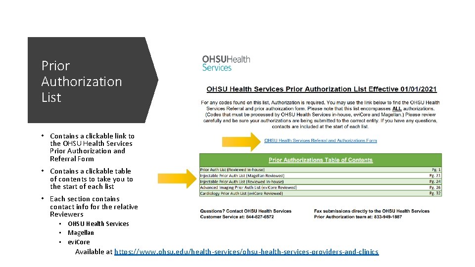 Prior Authorization List • Contains a clickable link to the OHSU Health Services Prior