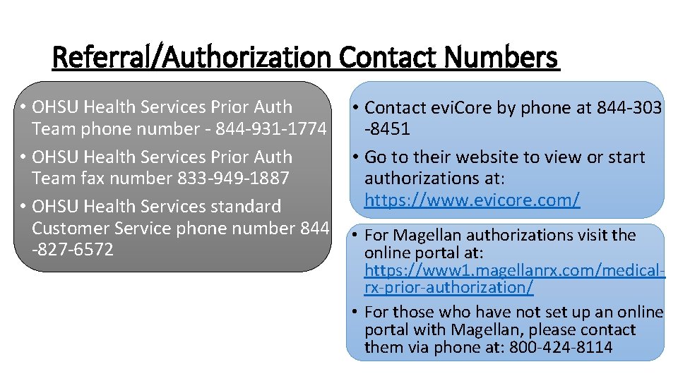 Referral/Authorization Contact Numbers • OHSU Health Services Prior Auth Team phone number - 844