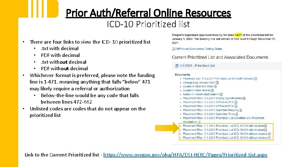 Prior Auth/Referral Online Resources ICD-10 Prioritized list • There are four links to view