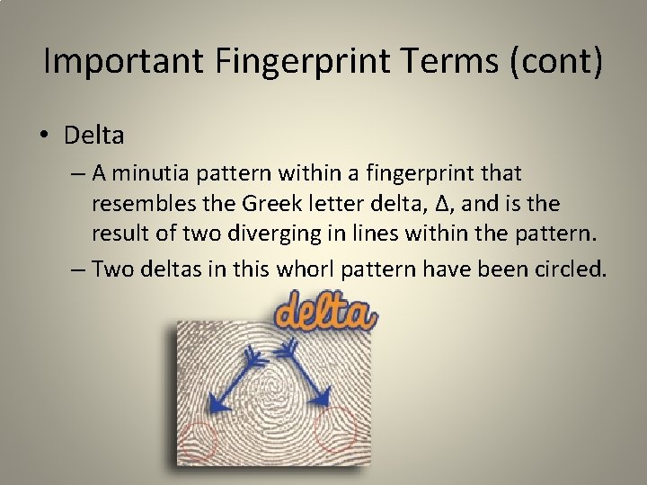 Important Fingerprint Terms (cont) • Delta – A minutia pattern within a fingerprint that Important Fingerprint Terms (cont) • Delta – A minutia pattern within a fingerprint that