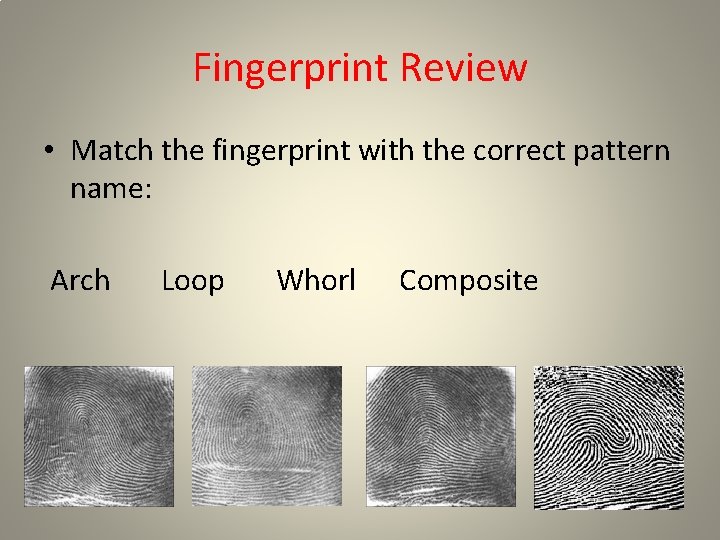 Fingerprint Review • Match the fingerprint with the correct pattern name: Arch Loop Whorl Fingerprint Review • Match the fingerprint with the correct pattern name: Arch Loop Whorl