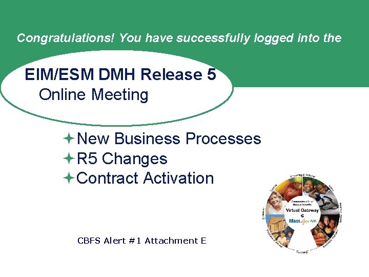 Congratulations! You have successfully logged into the EIM/ESM DMH Release 5 Online Meeting ªNew
