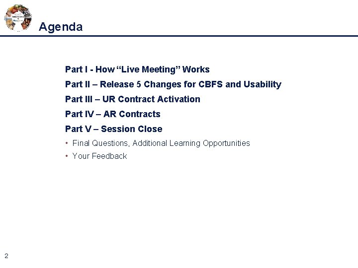 Agenda Part I - How “Live Meeting” Works Part II – Release 5 Changes
