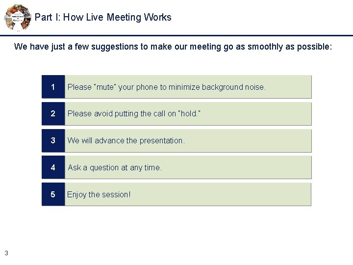 Part I: How Live Meeting Works We have just a few suggestions to make