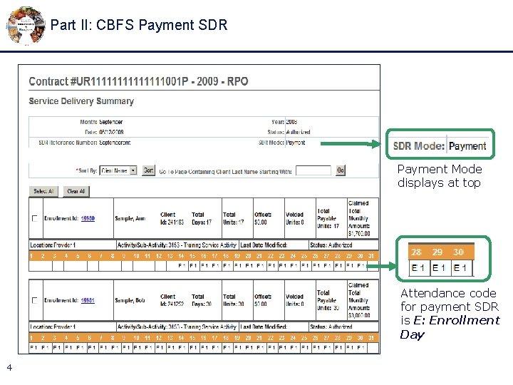 Part II: CBFS Payment SDR Payment Mode displays at top Attendance code for payment