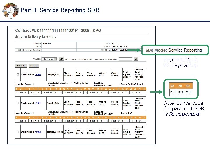 Part II: Service Reporting SDR Payment Mode displays at top Attendance code for payment