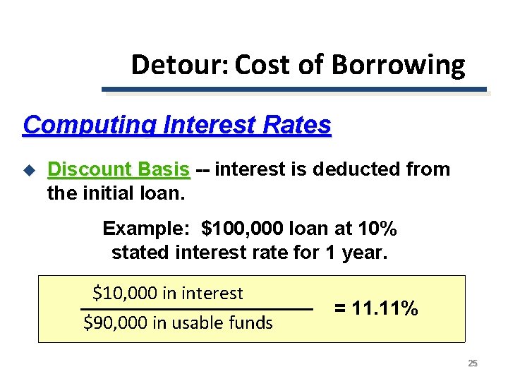 Detour: Cost of Borrowing Computing Interest Rates u Discount Basis -- interest is deducted