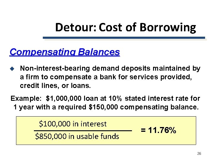 Detour: Cost of Borrowing Compensating Balances u Non-interest-bearing demand deposits maintained by a firm