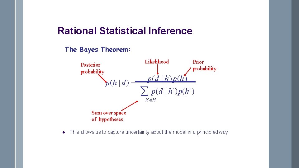 Rational Statistical Inference The Bayes Theorem: Likelihood Posterior probability p(h | d ) Prior