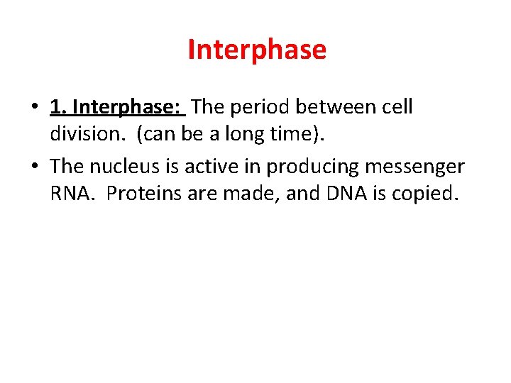 Interphase • 1. Interphase: The period between cell division. (can be a long time).