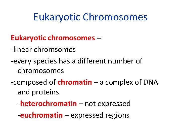 Eukaryotic Chromosomes Eukaryotic chromosomes – -linear chromsomes -every species has a different number of