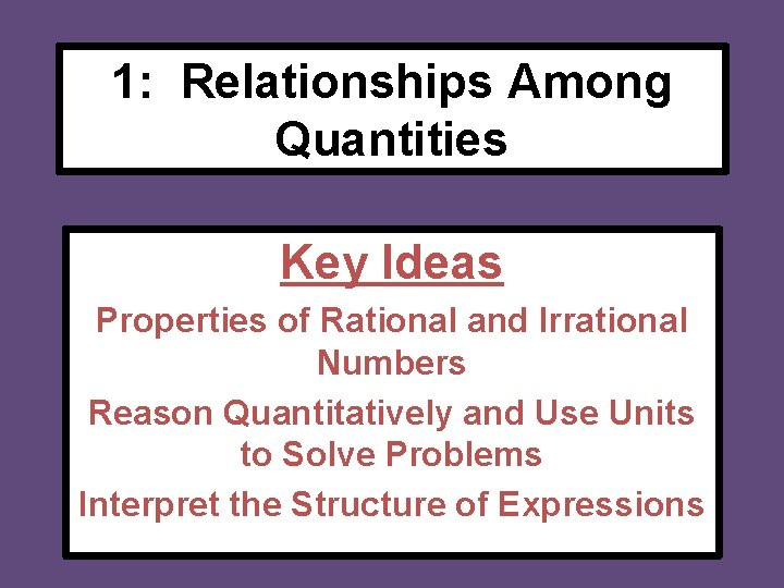 1: Relationships Among Quantities Key Ideas Properties of Rational and Irrational Numbers Reason Quantitatively