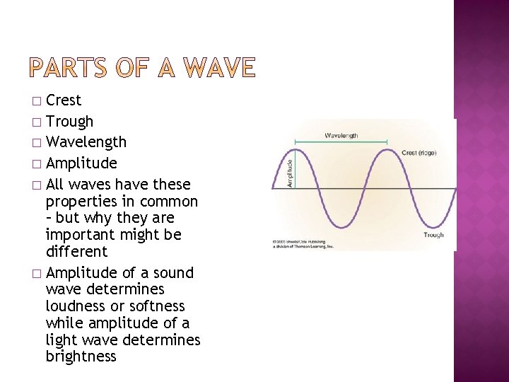 Crest � Trough � Wavelength � Amplitude � All waves have these properties in