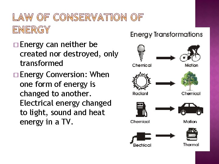 � Energy can neither be created nor destroyed, only transformed � Energy Conversion: When