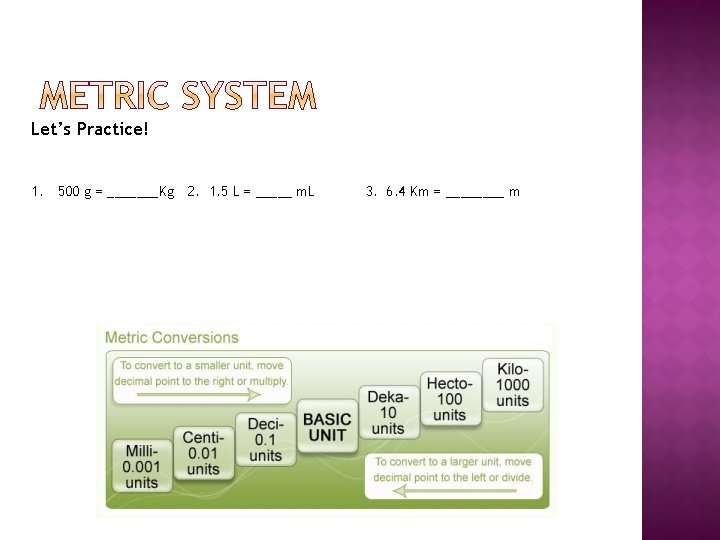 Let’s Practice! 1. 500 g = _______Kg 2. 1. 5 L = _____ m.