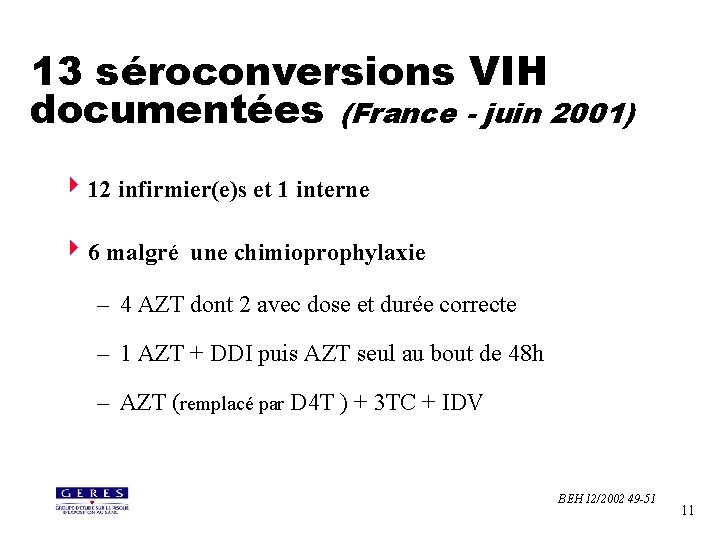 13 séroconversions VIH documentées (France - juin 2001) 4 12 infirmier(e)s et 1 interne