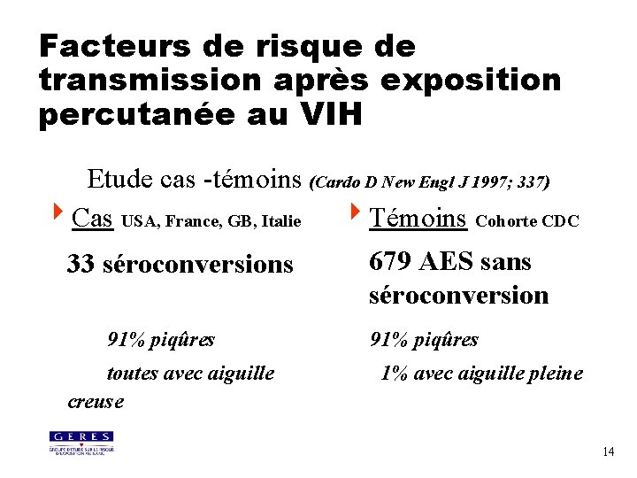 Facteurs de risque de transmission après exposition percutanée au VIH Etude cas -témoins (Cardo