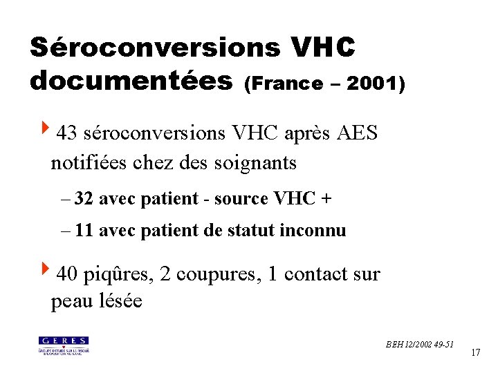 Séroconversions VHC documentées (France – 2001) 443 séroconversions VHC après AES notifiées chez des