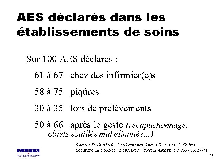 AES déclarés dans les établissements de soins Sur 100 AES déclarés : 61 à