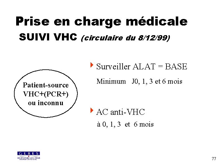 Prise en charge médicale SUIVI VHC (circulaire du 8/12/99) 4 Surveiller ALAT = BASE