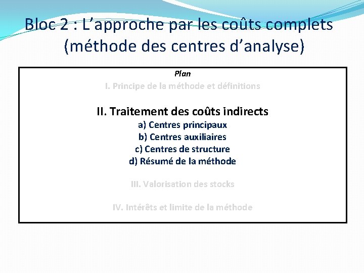 Bloc 2 : L’approche par les coûts complets (méthode des centres d’analyse) Plan I. Bloc 2 : L’approche par les coûts complets (méthode des centres d’analyse) Plan I.