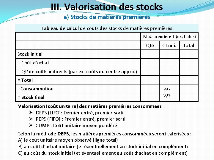 III. Valorisation des stocks a) Stocks de matières premières Tableau de calcul de coûts III. Valorisation des stocks a) Stocks de matières premières Tableau de calcul de coûts