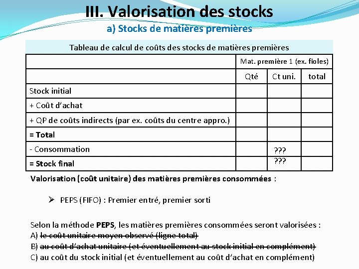 III. Valorisation des stocks a) Stocks de matières premières Tableau de calcul de coûts III. Valorisation des stocks a) Stocks de matières premières Tableau de calcul de coûts