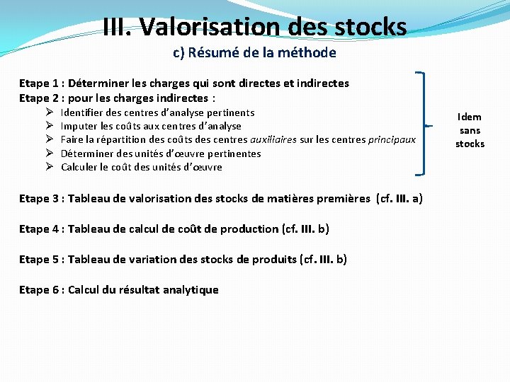 III. Valorisation des stocks c) Résumé de la méthode Etape 1 : Déterminer les III. Valorisation des stocks c) Résumé de la méthode Etape 1 : Déterminer les