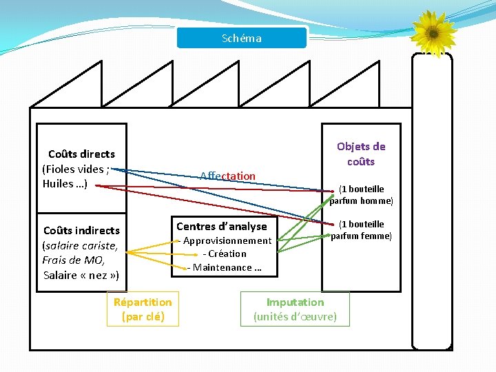 Schéma Coûts directs (Fioles vides ; Huiles …) Coûts indirects (salaire cariste, Frais de Schéma Coûts directs (Fioles vides ; Huiles …) Coûts indirects (salaire cariste, Frais de