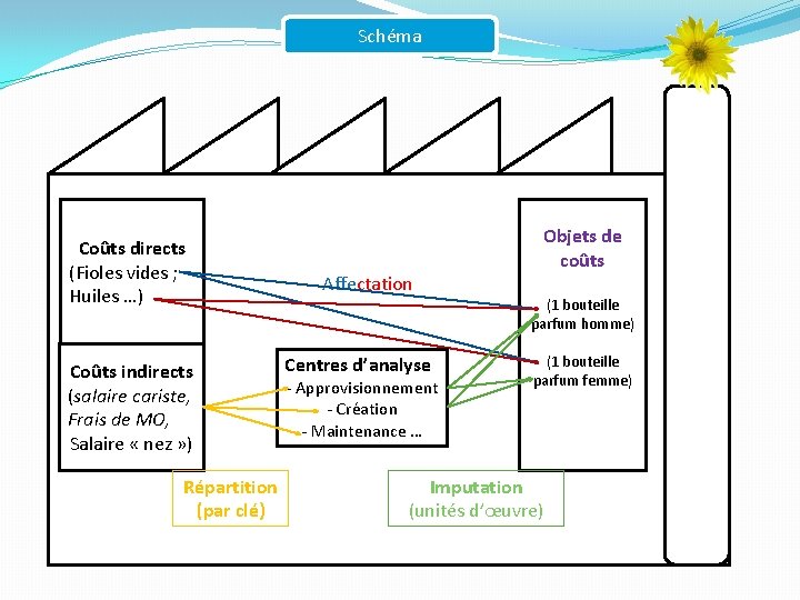 Schéma Coûts directs (Fioles vides ; Huiles …) Coûts indirects (salaire cariste, Frais de Schéma Coûts directs (Fioles vides ; Huiles …) Coûts indirects (salaire cariste, Frais de