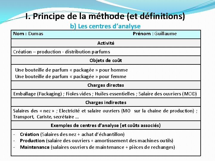 I. Principe de la méthode (et définitions) Nom : Dumas b) Les centres d’analyse I. Principe de la méthode (et définitions) Nom : Dumas b) Les centres d’analyse