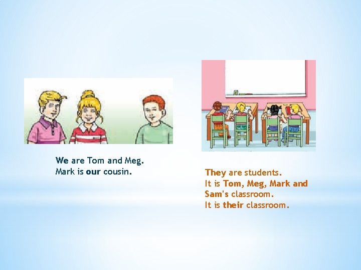 We are Tom and Meg. Mark is our cousin. They are students. It is