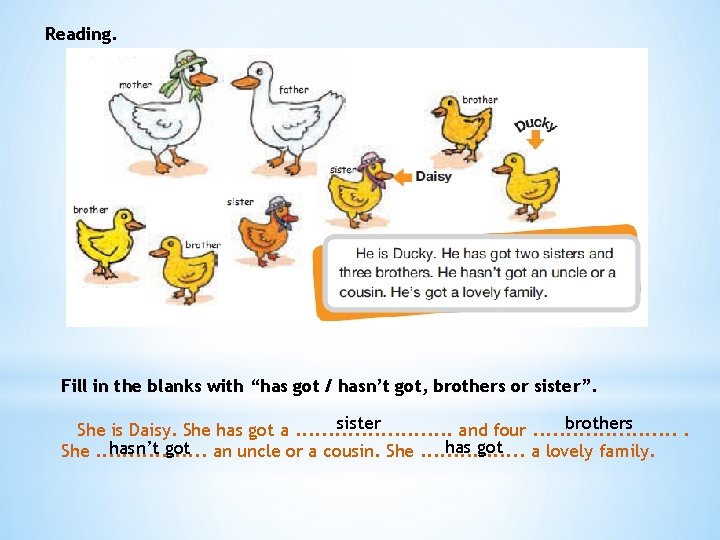 Reading. Fill in the blanks with “has got / hasn’t got, brothers or sister”.