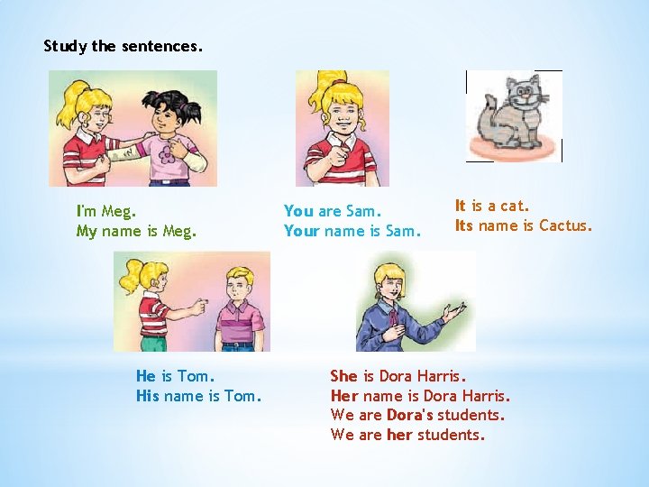 Study the sentences. I'm Meg. My name is Meg. He is Tom. His name