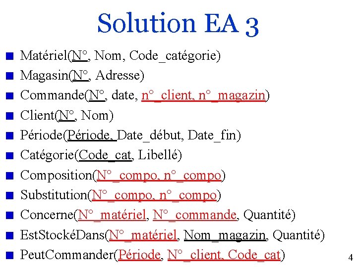 Solution EA 3 Matériel(N°, Nom, Code_catégorie) Magasin(N°, Adresse) Commande(N°, date, n°_client, n°_magazin) Client(N°, Nom)