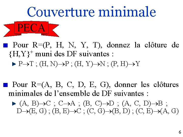 Couverture minimale PECA Pour R=(P, H, N, Y, T), donnez la clôture de {H,
