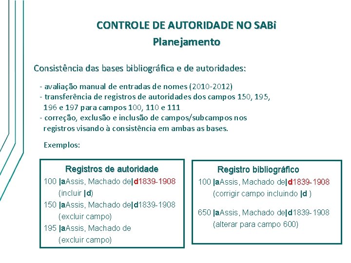 CONTROLE DE AUTORIDADE NO SABi Planejamento Consistência das bases bibliográfica e de autoridades: -